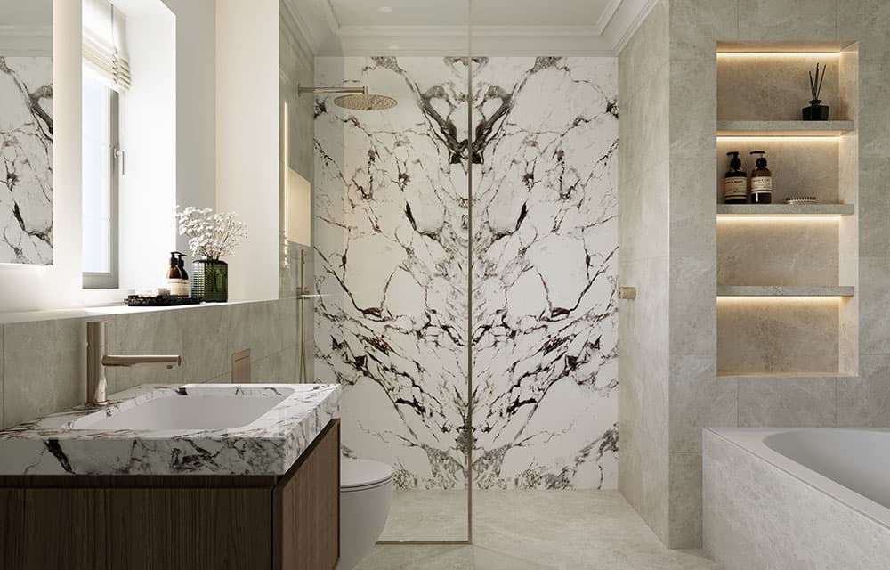 Bathroom with a book-matched marble shower wall and lit shelving niche