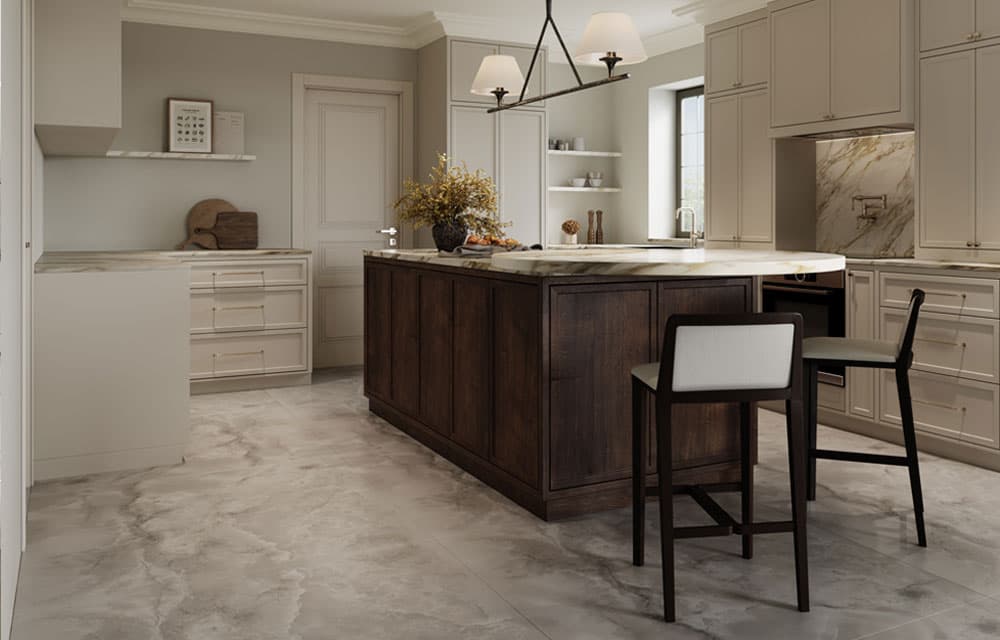 Kitchen with a dark wood island, marble worktop and bar stools