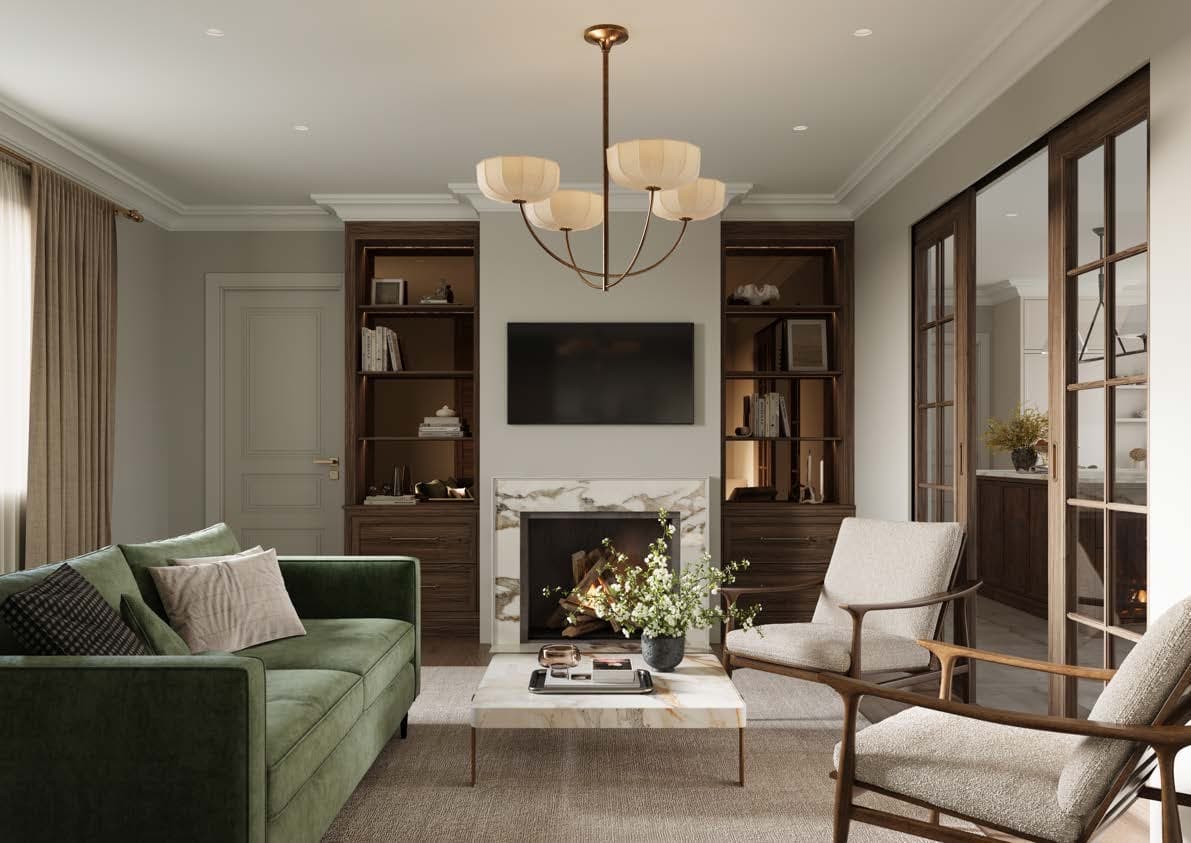 Living room with a marble fireplace, built-in shelving and a green sofa