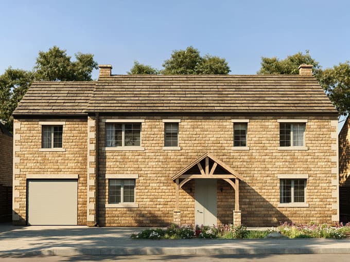 Wide detached stone house with a garage and timber porch
