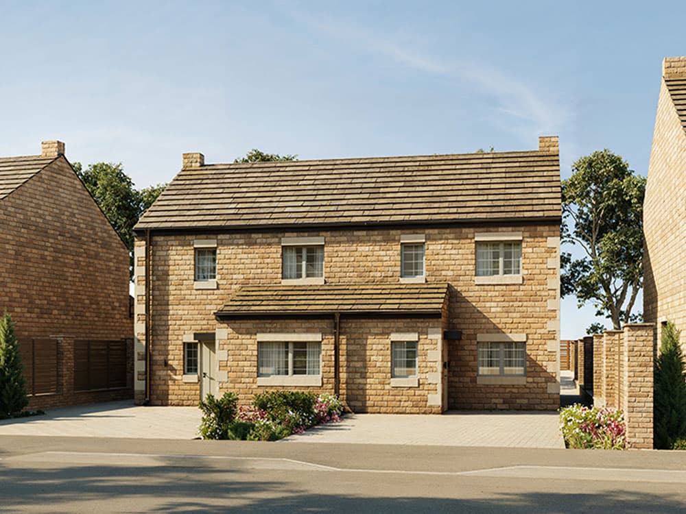 Pair of stone semi-detached houses with front gardens