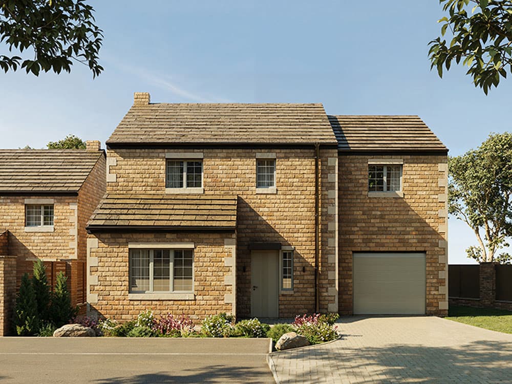 Stone house with an integral garage and gabled side wing