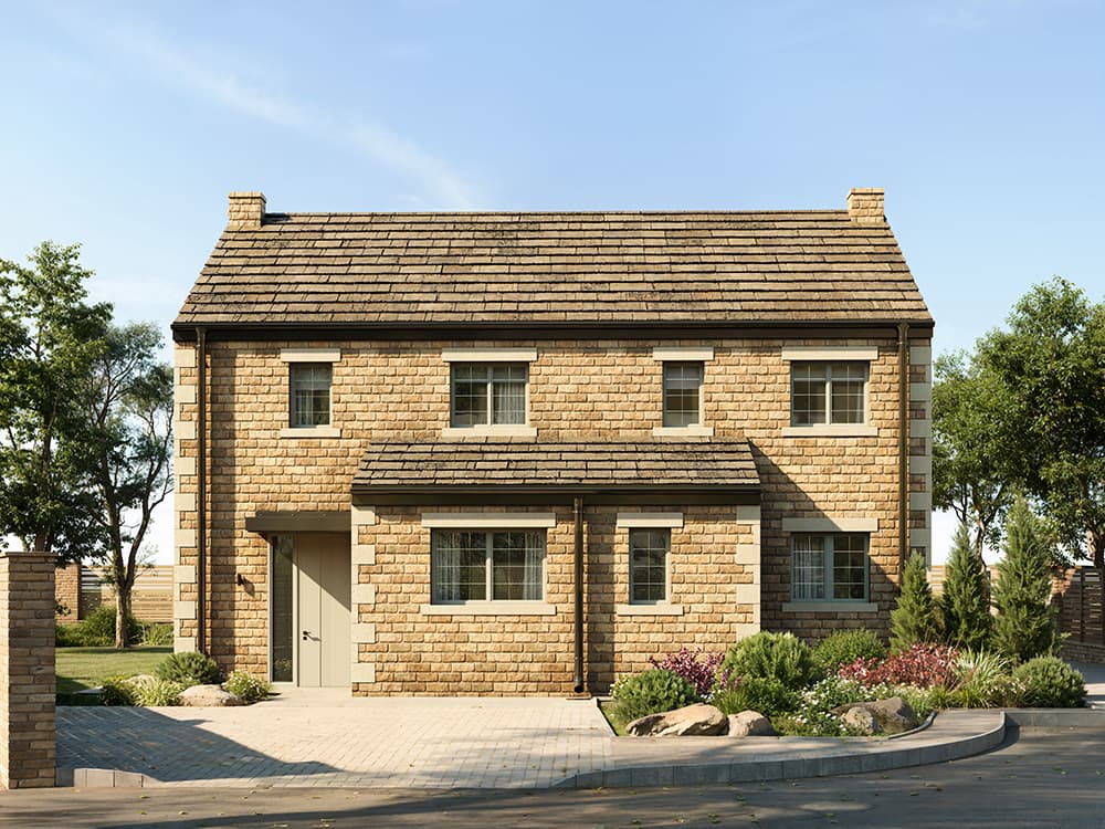 Stone semi-detached houses with a single-storey front extension and planted garden
