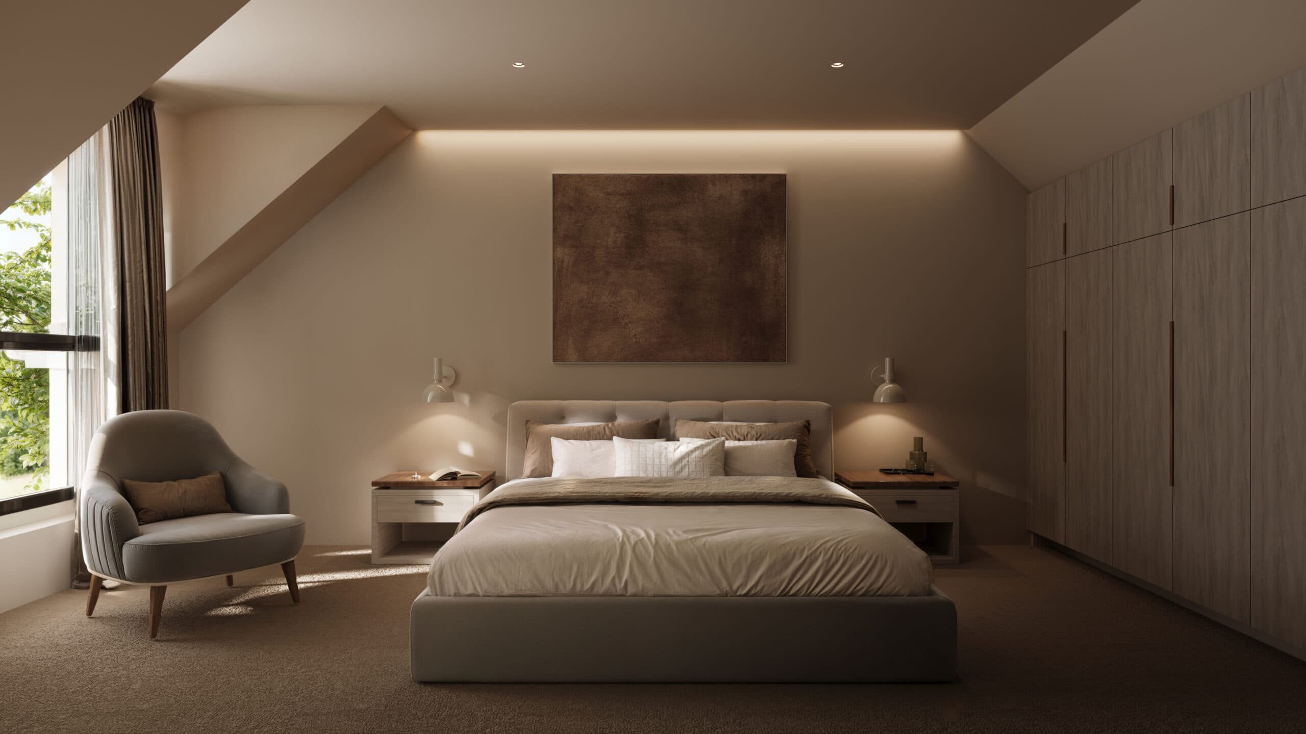 Master bedroom with fitted wardrobes, a sloped ceiling and an armchair by the window