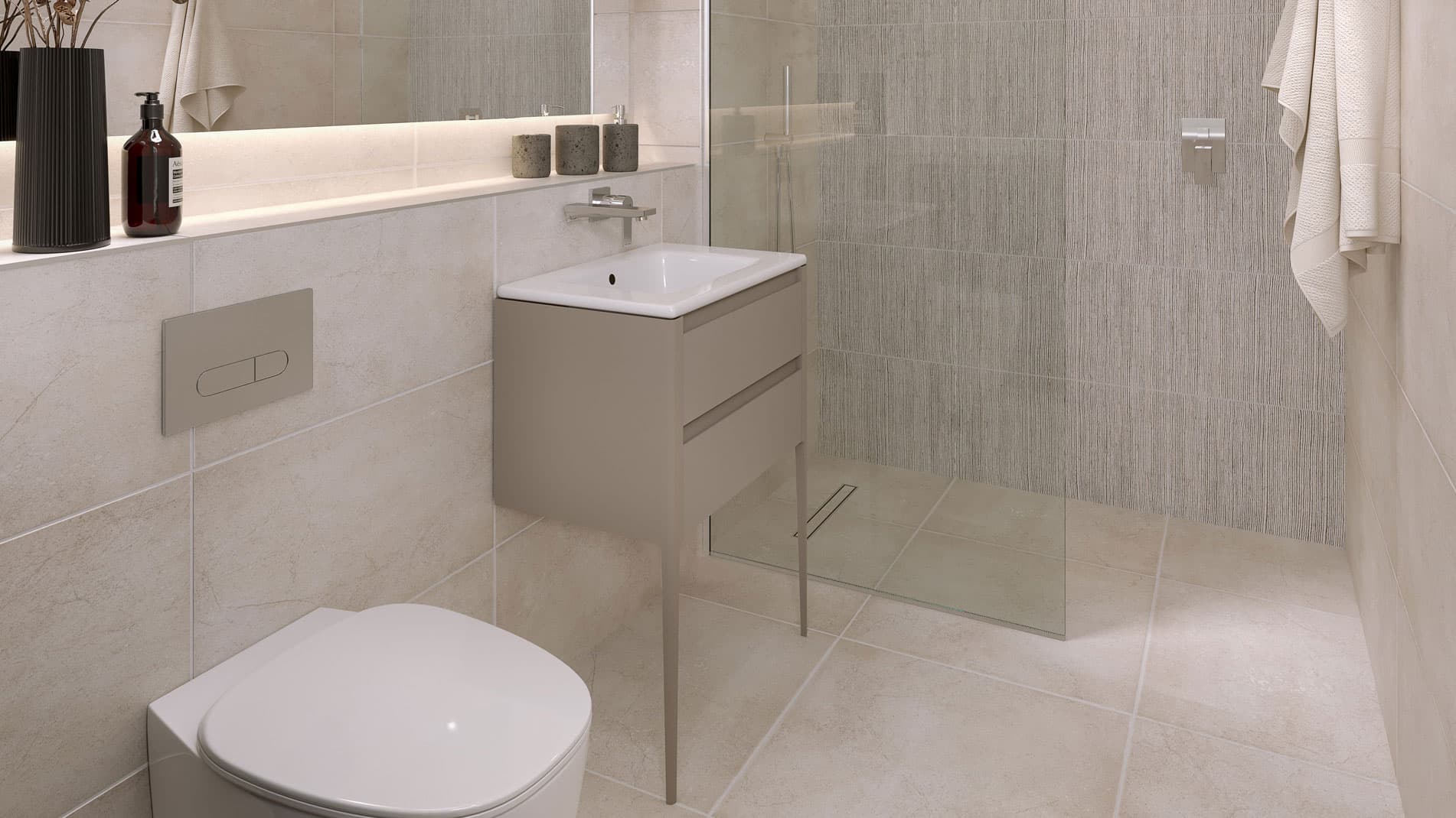 En suite with a walk-in shower, wall-hung toilet and vanity basin