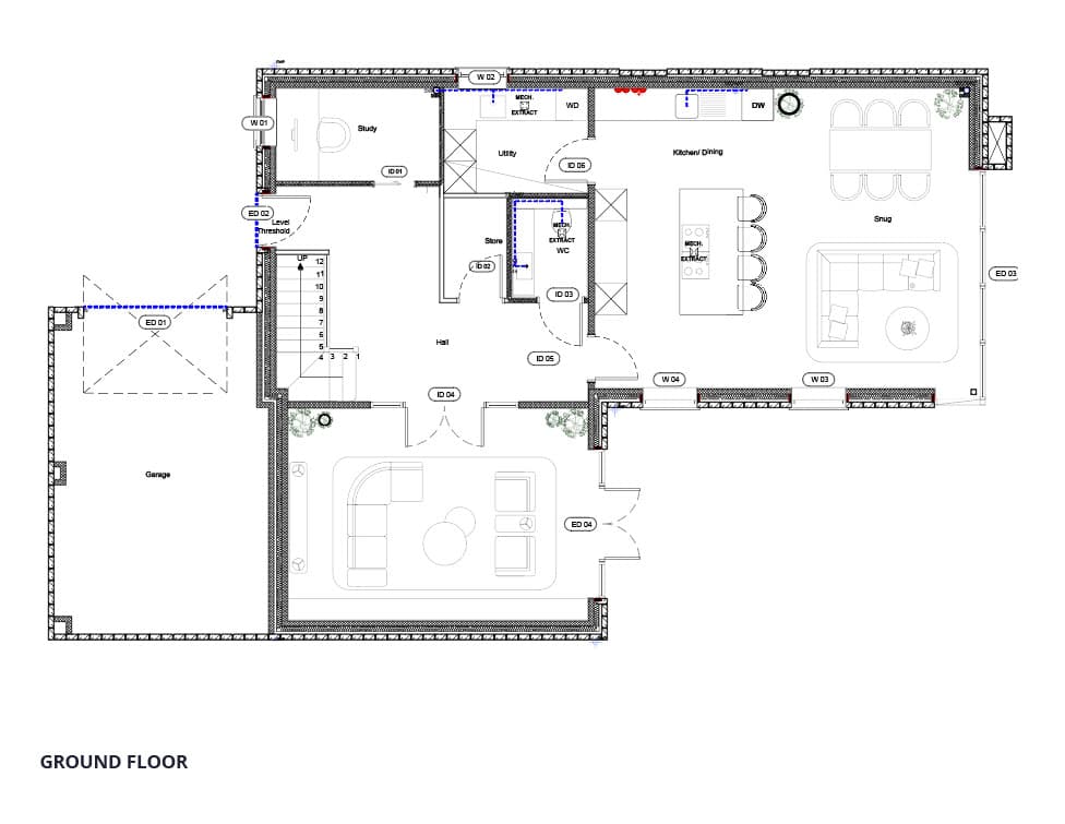 Ground-floor plan: hall, study, living room, open-plan kitchen, dining and family room, utility, WC and garage