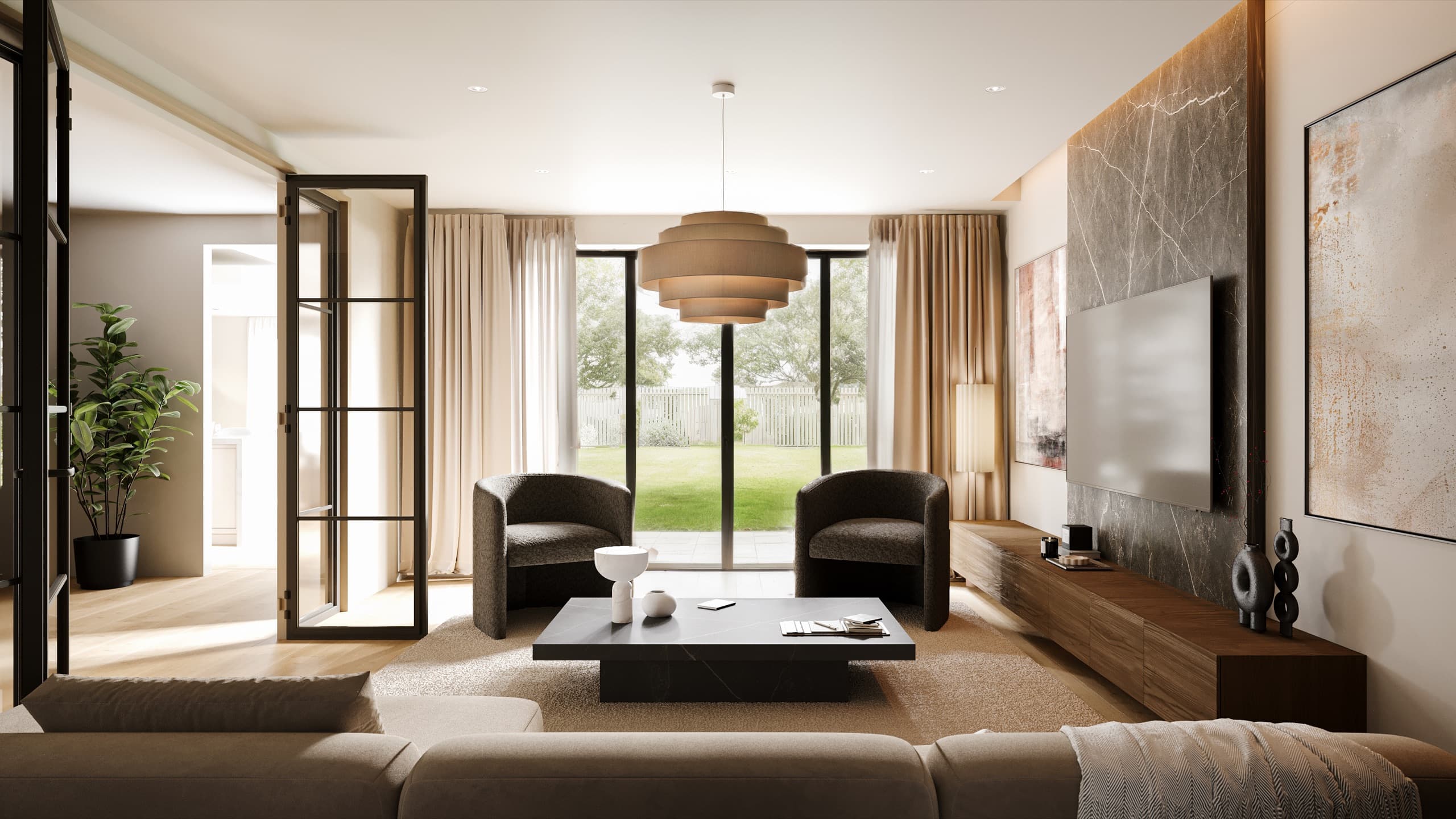 Living room with glazed internal doors and full-height windows onto the garden