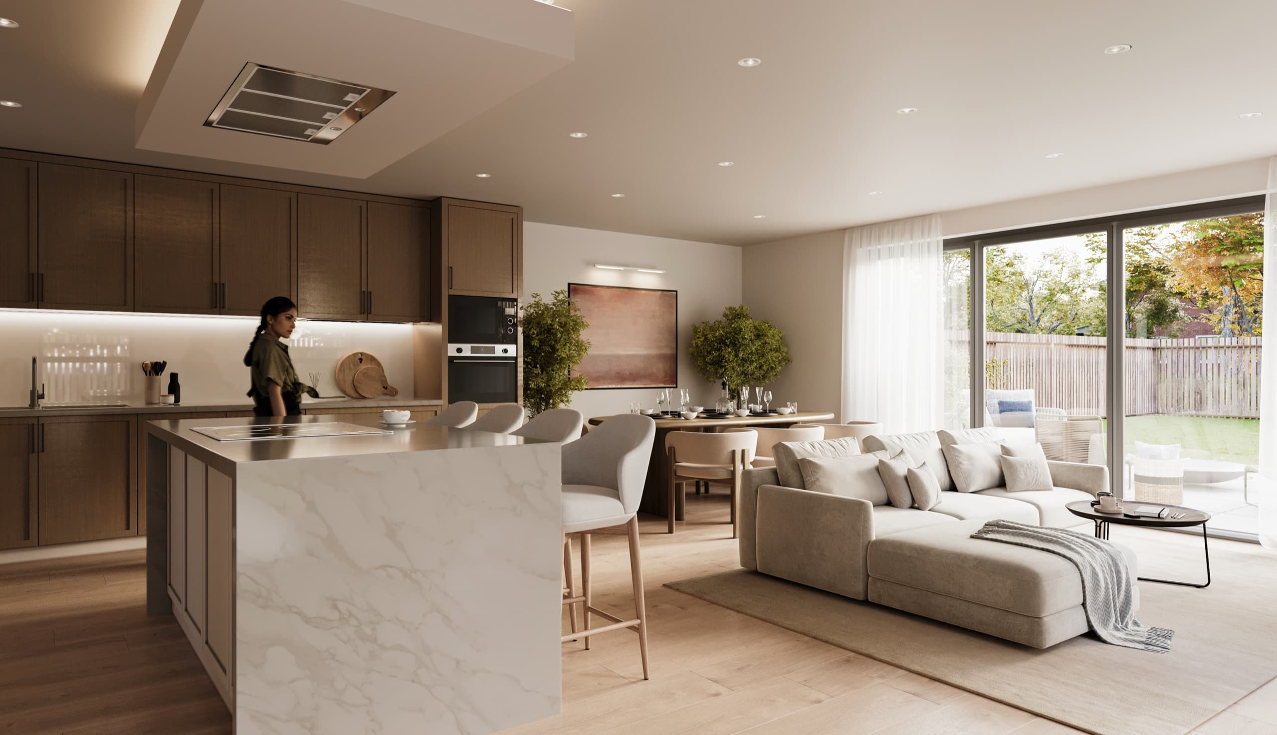 Open-plan kitchen, dining and family room with doors onto the garden